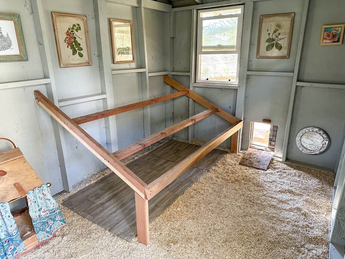 The inside of a large chicken coop with three tiered roost made of 2x4's attached to one wall. The nest boxes are in view in a corner while the small chicken coop door is open. 