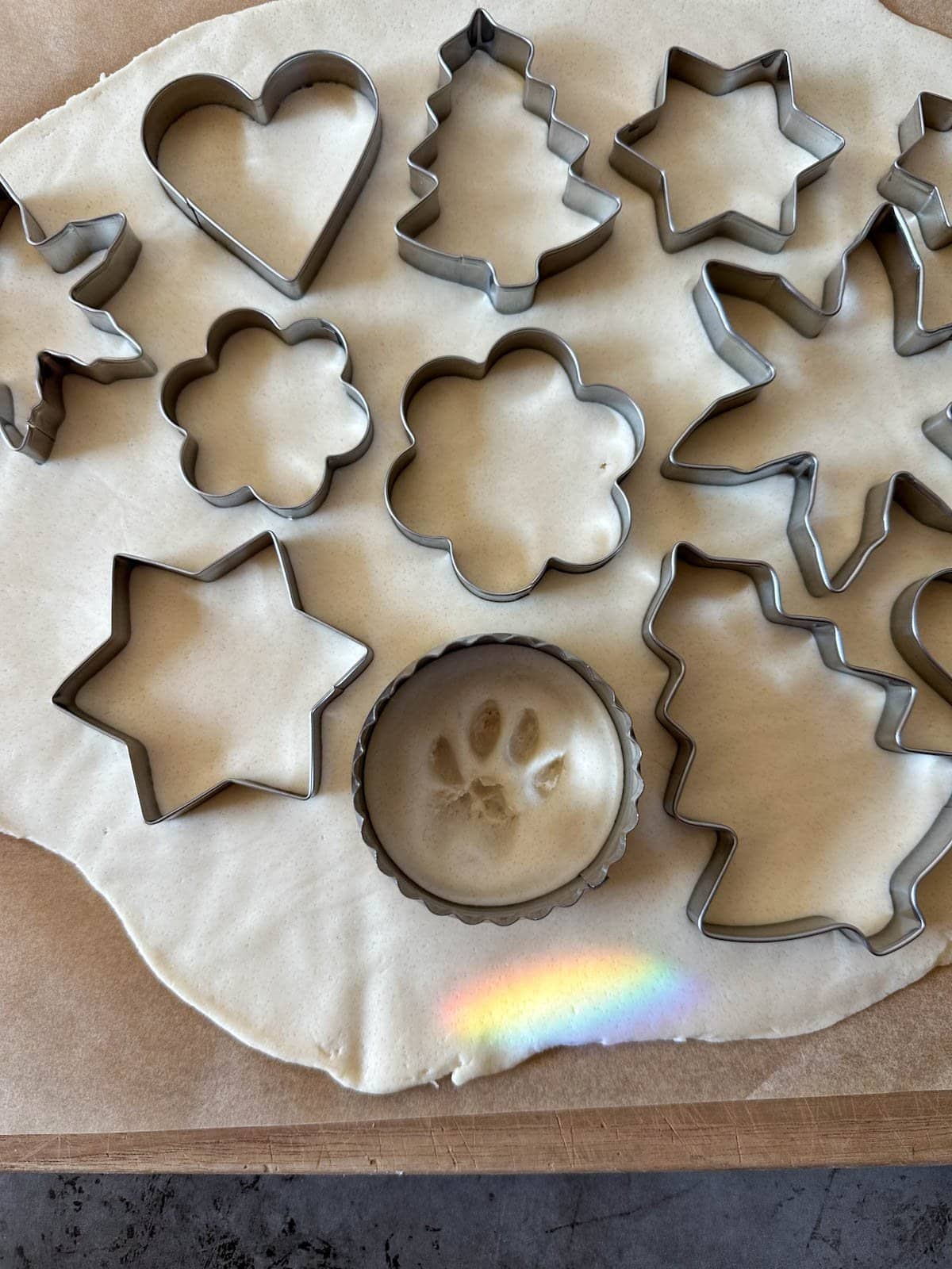 A variety of cookie cutters arranged and set atop the rolled out section of dough.