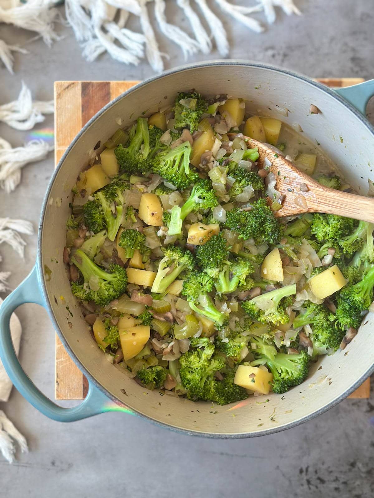 Broccoli florets are mixed into the main veggies of the saute. 