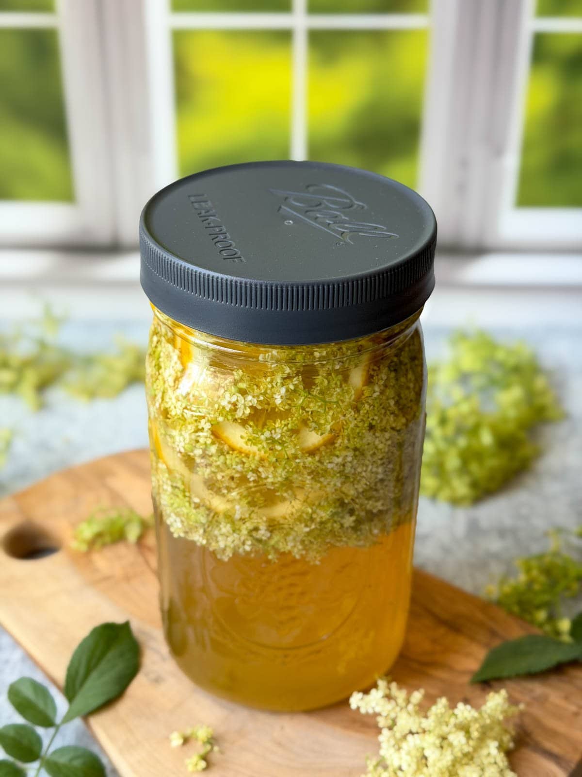 A quart mason jar full of liquid infusing with blooms and lemon slices. 