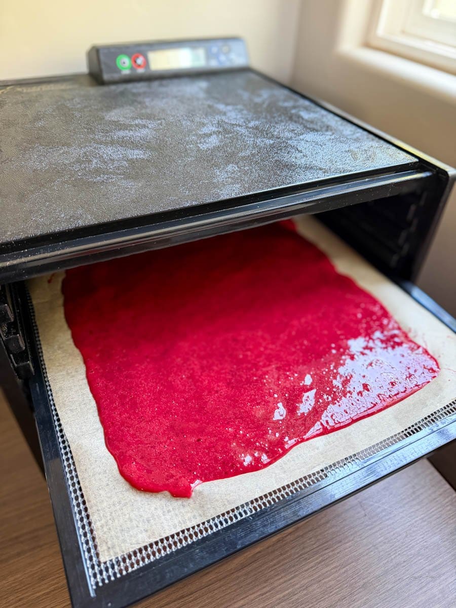 Bright reddish purpler fresh fruit puree is on top of a dehydrator tray lined with parchment paper. 