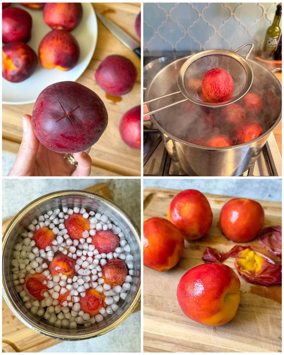 A four part image collage, the first image shows a hand holding a peach with an "x" sliced into the bottom of the peach. The second image shows a strainer sifting a peach out of boiling water, the third image shows a large metal bowl full of ice water and peaches. The fourth image shows four peaches after their skins are removed. 