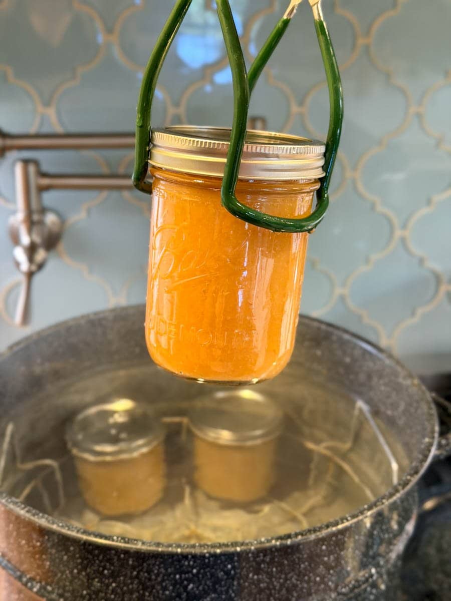 A jar lifter is holding a jar of preserves in front of a canning pot while two jars are already inside of the canning pot.