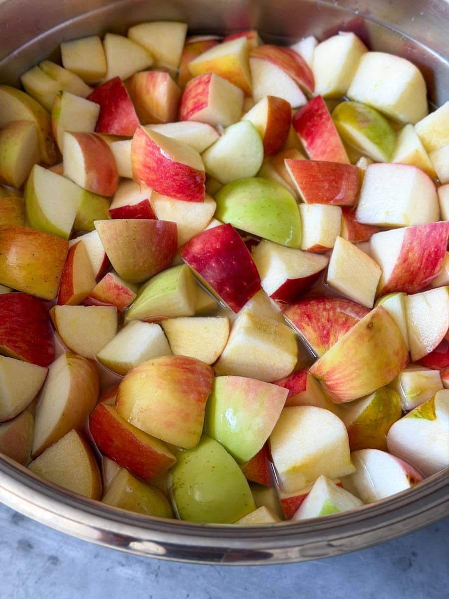 A large stainless steel bowl is full of chopped fresh fruit in a lemon water bath.